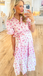 Pink and White Stripe Floral Bubble Hem Midi Dress