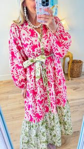 Pink and Olive Mixed Print Maxi Dress