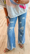 Denim Mid Rise Distressed Wide Leg Jeans