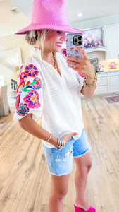 THML White Embroidered Puff Sleeve Top