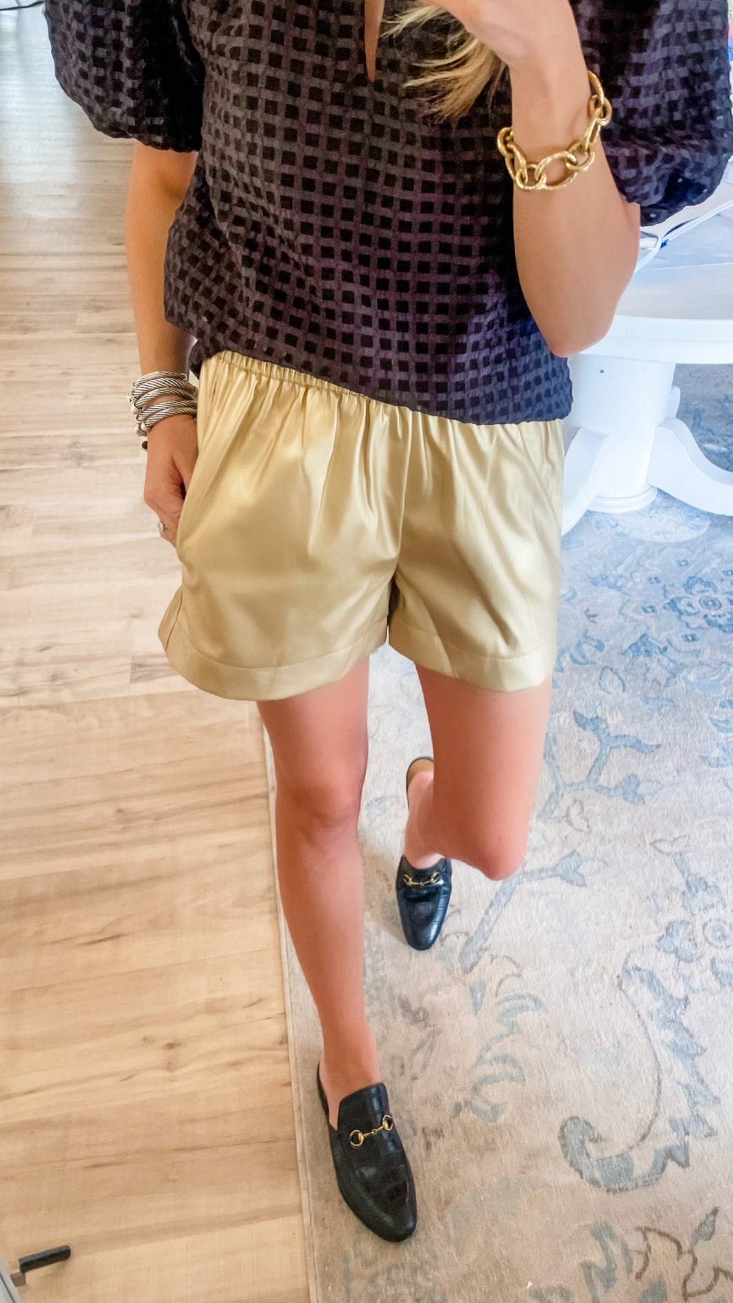 Gold Leather Elastic Wasit Shorts