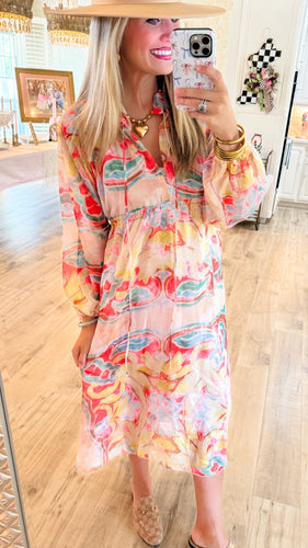 Printed Long Sleeve Pleated Dress