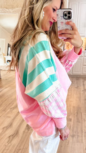 Pink and Teal Mix Stripe Sweatshirt