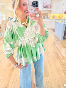 Green Floral Print Scallop Trim Blouse