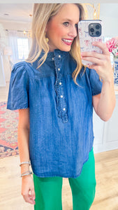 Dark Denim Peasant Sleeve Ruffle Top