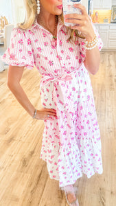 Pink and White Stripe Floral Bubble Hem Midi Dress