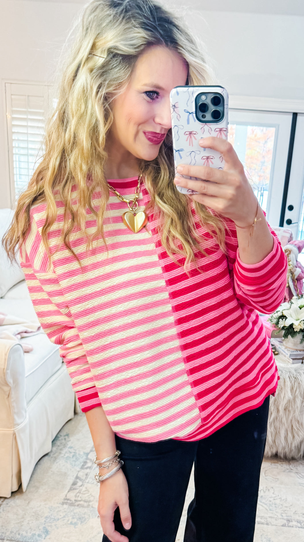 Pink and Red Stripe Colorblock Top