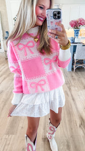 White and Pink Checkered Bow Print Sweater