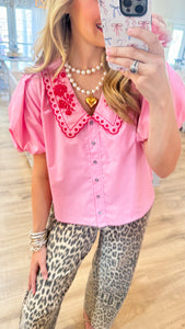 Pink Puff Sleeve Embroidered Collar Top