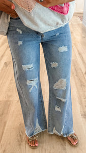 Denim Mid Rise Distressed Wide Leg Jeans