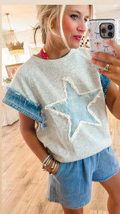 Heather Grey and Denim Star Patch Top