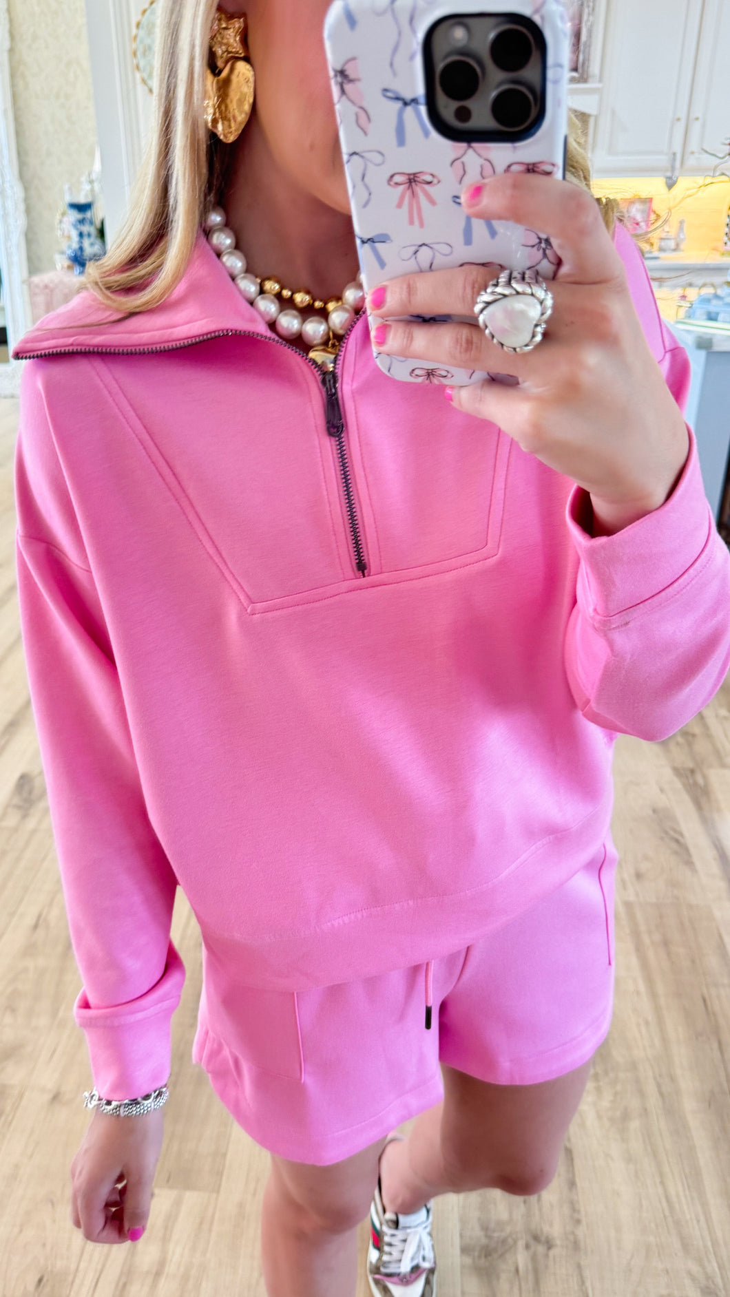 Pink Solid Half Zip Pullover