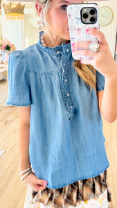 Denim Peasant Sleeve Ruffle Top