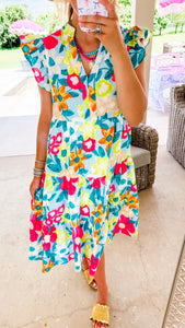 Fuchsia Multi Floral Tiered Midi Dress