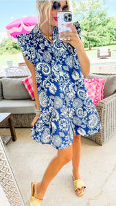 Navy Paisley Print Button Down Dress