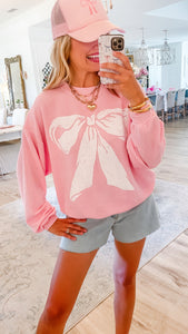 Baby Pink Bow Oversized Ribbed Sweatshirt