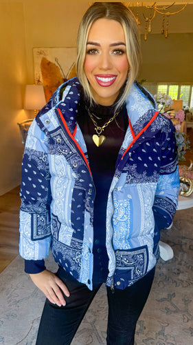 Blue Abstract Puffer Jacket