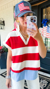 Red and White Contrast Striped Top