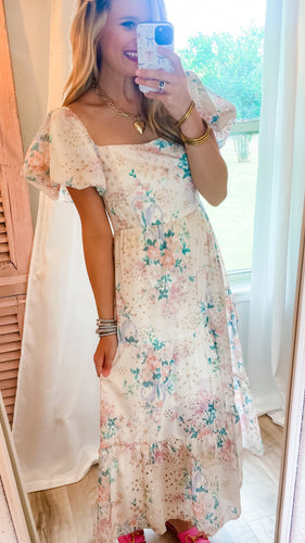 Cream Multi Floral Print Eyelet Maxi Dress