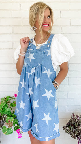 Denim Star Print Short Overalls