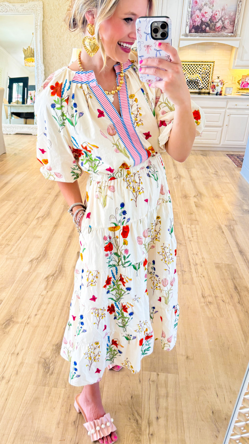 THML Cream Floral Puff Sleeve Midi Dress