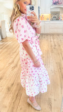 Pink and White Stripe Floral Bubble Hem Midi Dress