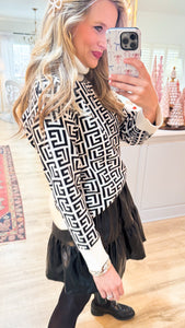 Off White and Black Geometric Print Sweater