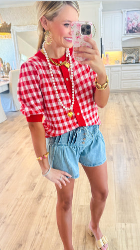 Red and White Gingham Cardigan