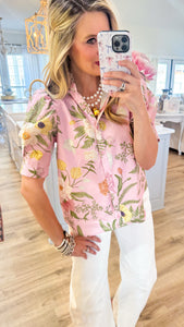 Pink Floral Print Ruffle Neck Top