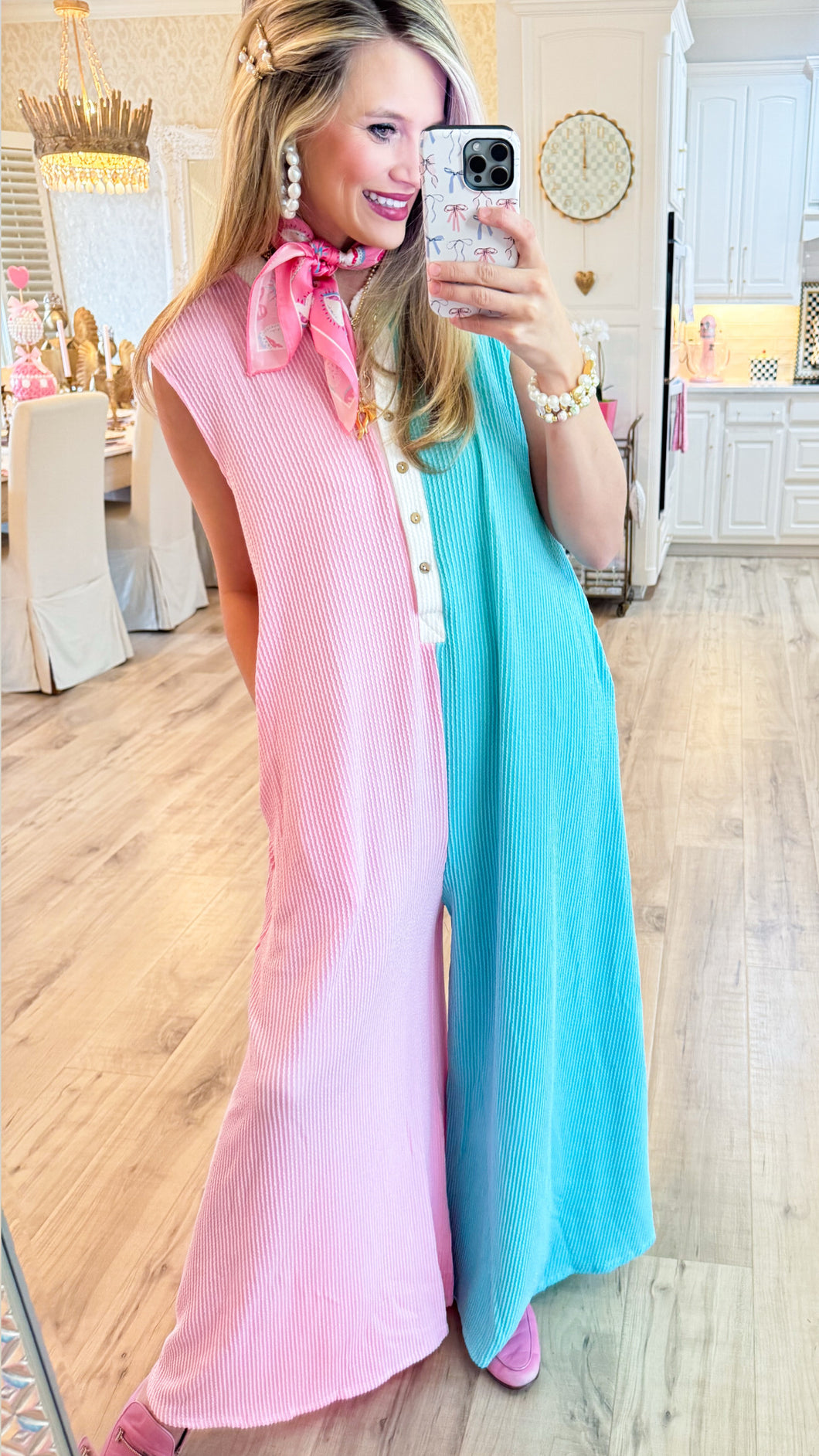 Aqua and Baby Pink Ribbed Jumpsuit