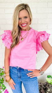 Pink Ric Rac Trim Sleeve Top