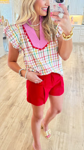 Red High Waisted Pleated Shorts