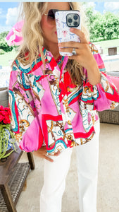 Orchid Red Multi Chain Printed Button Down Top