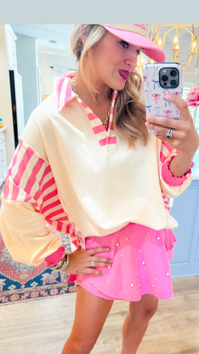 Pink and Cream French Terry Knit Top