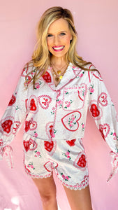 White and Light Pink Heart Lace Trim PJ Set