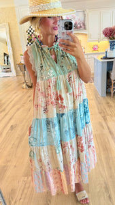 Sage Multi Print Colorblock Maxi Dress