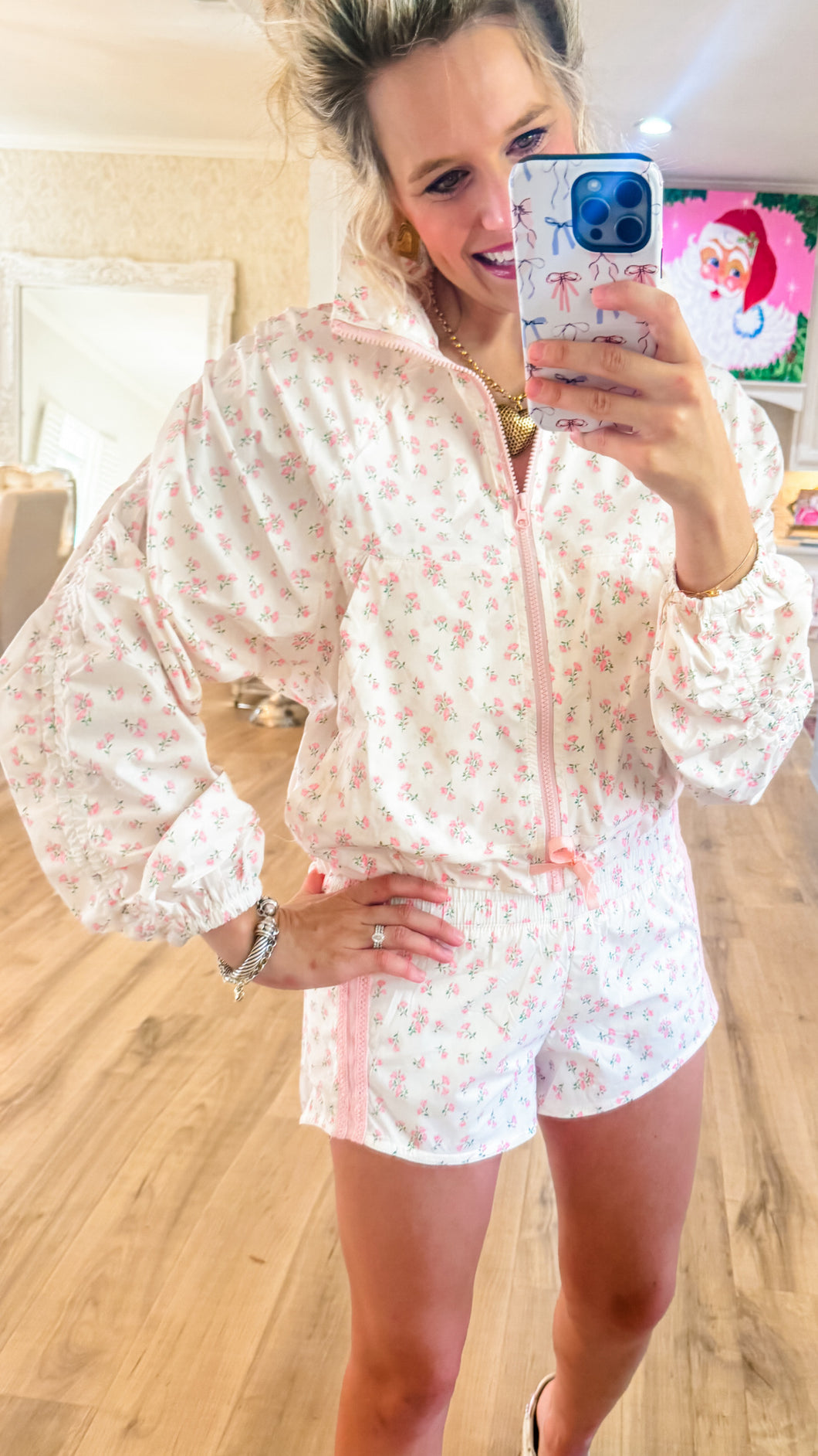 Light Pink Floral Windbreaker Short Set