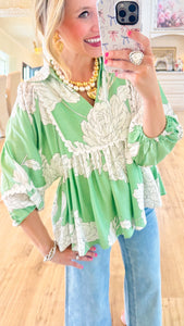 Green Floral Print Scallop Trim Blouse