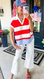 Red and White Contrast Striped Top