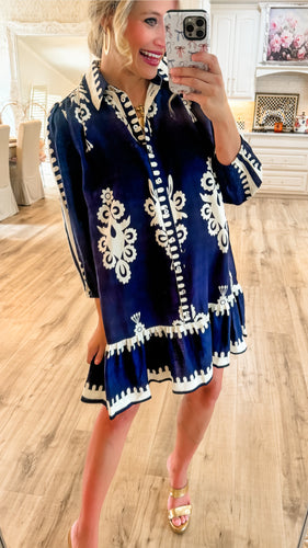 Navy Border Print Tiered Mini Dress