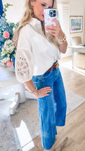 White Cut Out Embroidered Bubble Sleeve Top