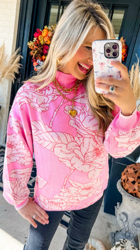 Pink Floral Pattern Jacquard Mock Neck Sweater