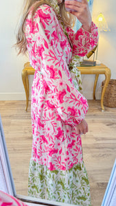 Pink and Olive Mixed Print Maxi Dress