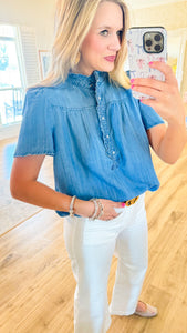 Denim Peasant Sleeve Ruffle Top