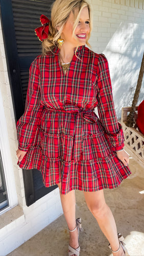 Red Plaid Tiered Ruffle Mini Dress