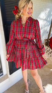 Red Plaid Tiered Ruffle Mini Dress