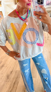 Light Blue LOVE Patchwork Top