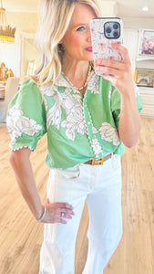 Green Floral Scallop Trim Top