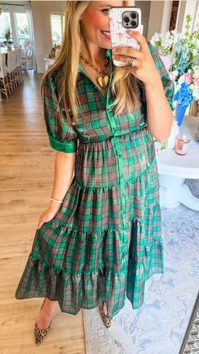 Green Multi Plaid Silky Organza Midi Dress