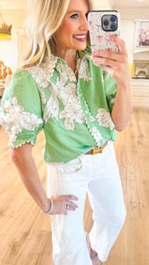 Green Floral Scallop Trim Top